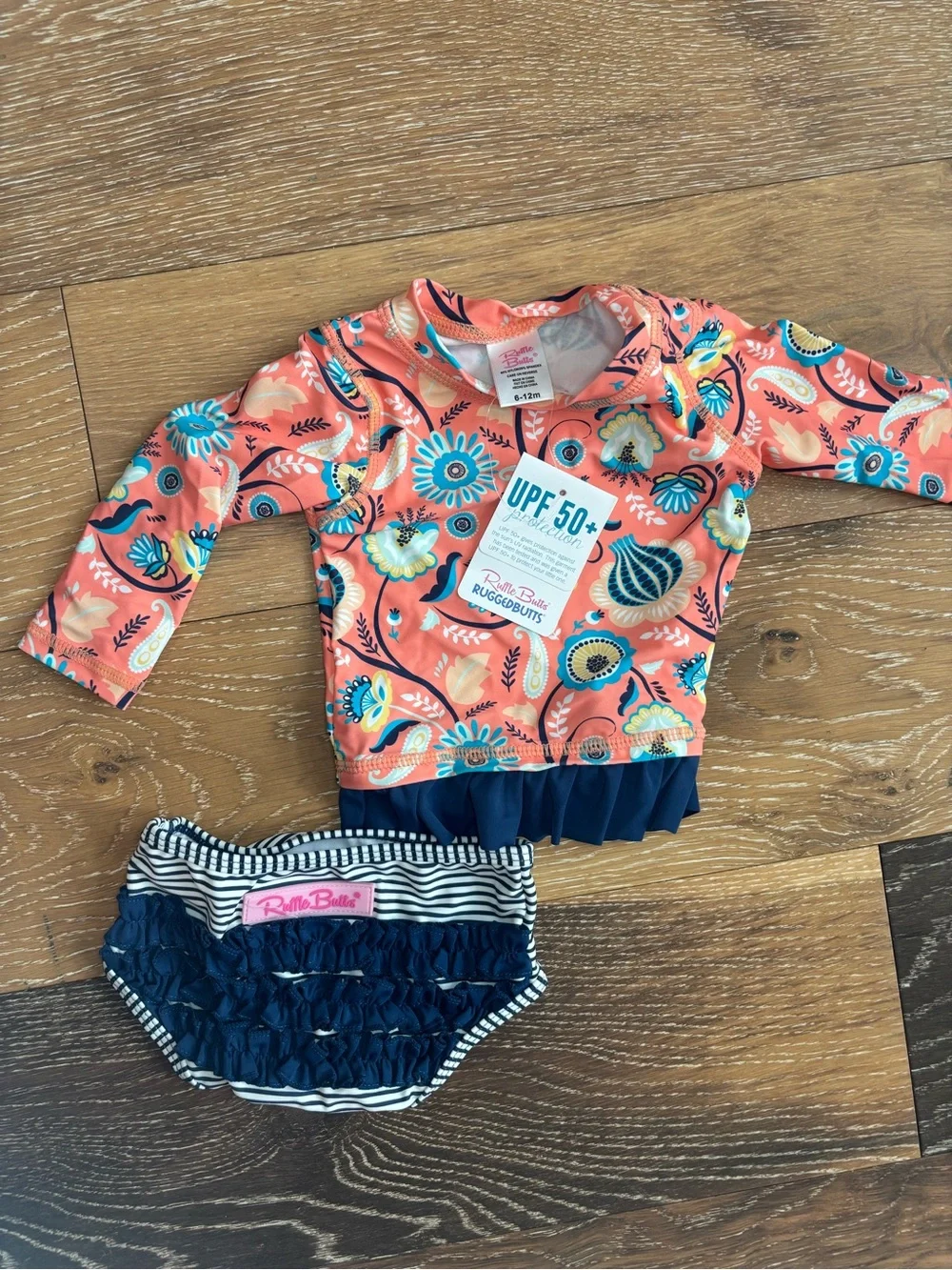 RuffleButts 2 Piece Rash Guard Swimsuit Set 6-12M UPF 50+ Floral